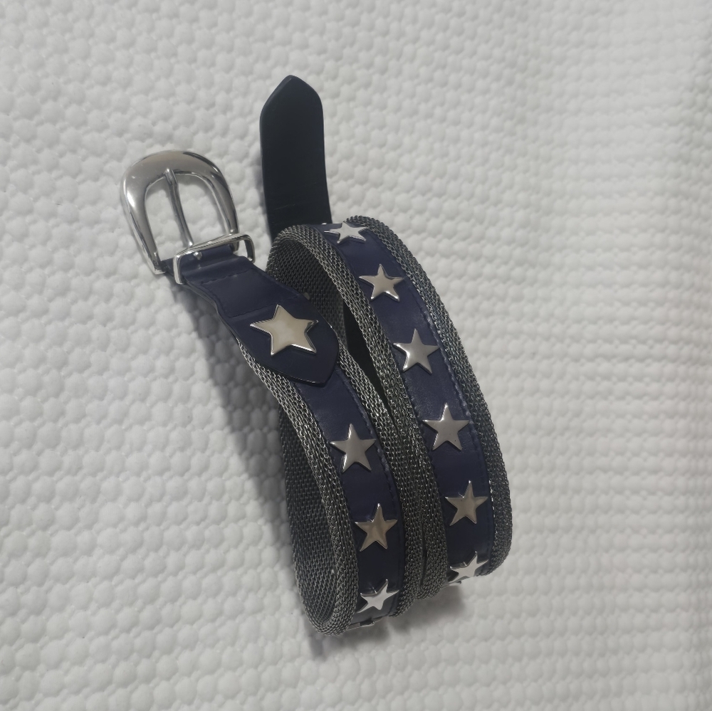 Vintage Escada Blue Leather With  Silver Mesh Belt And  Silver Buckle